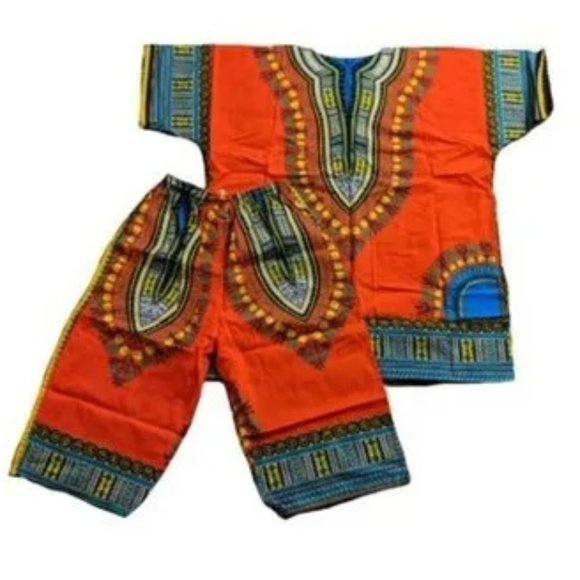 Unisex One Size African Dashiki Shirt & Pants 2pc. Set Orange and‎ Blue - Picture 3 of 9